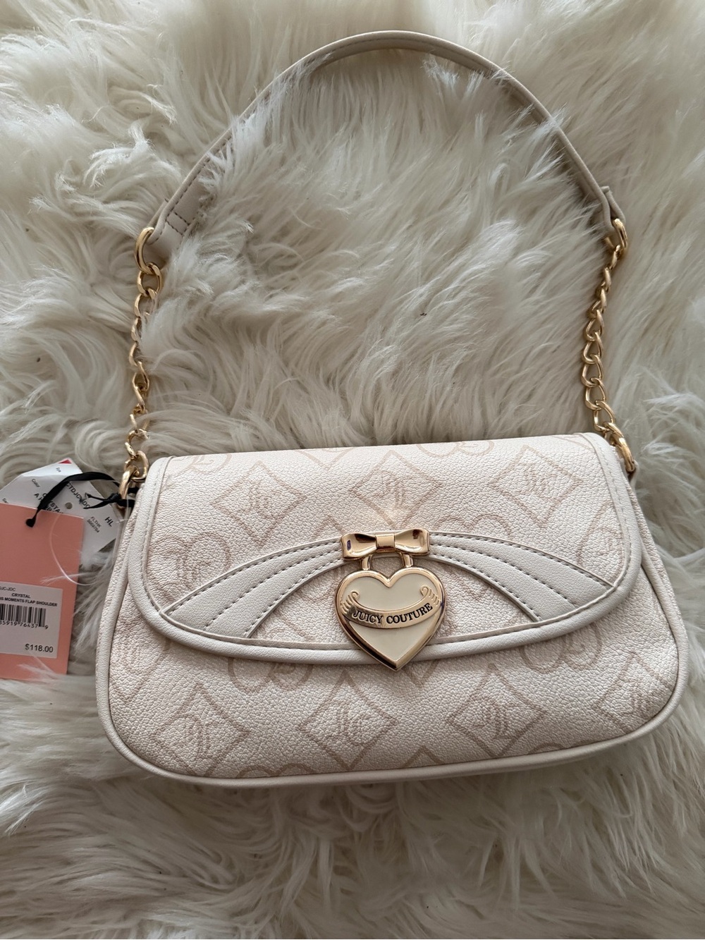 Juicy Couture Precious Moments flap Heart-Embellished Shoulder Bag. Cream. NEW